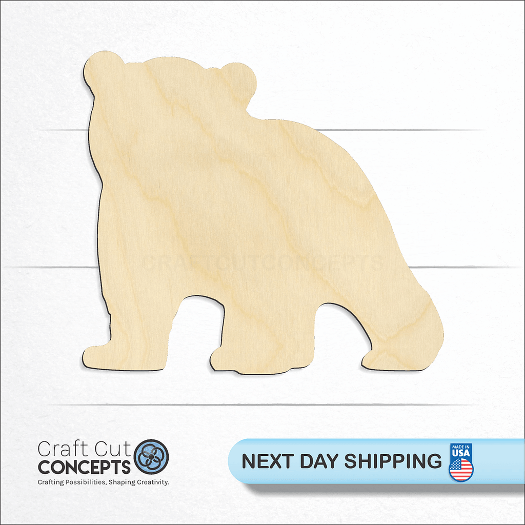 Craft Cut Concepts logo and next day shipping banner with an unfinished wood Baby Cub bear craft shape and blank