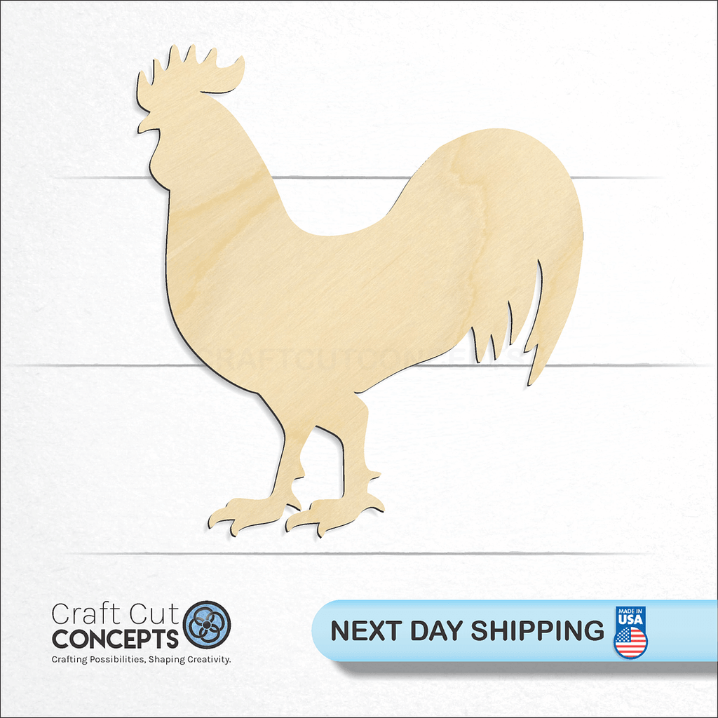 Craft Cut Concepts logo and next day shipping banner with an unfinished wood Rooster craft shape and blank