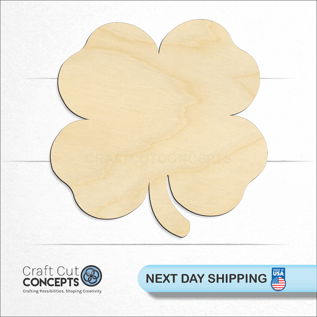 Craft Cut Concepts logo and next day shipping banner with an unfinished wood Clover craft shape and blank