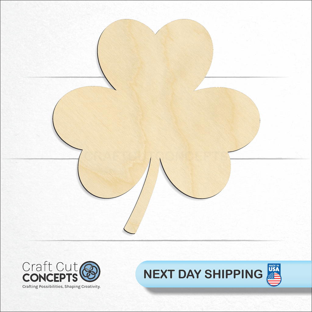 Craft Cut Concepts logo and next day shipping banner with an unfinished wood Clover craft shape and blank