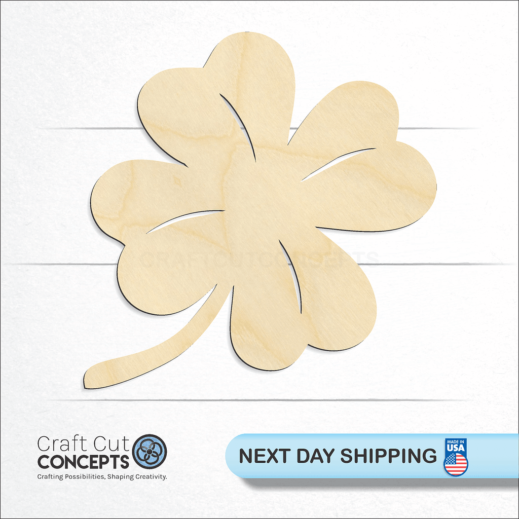 Craft Cut Concepts logo and next day shipping banner with an unfinished wood Clover craft shape and blank