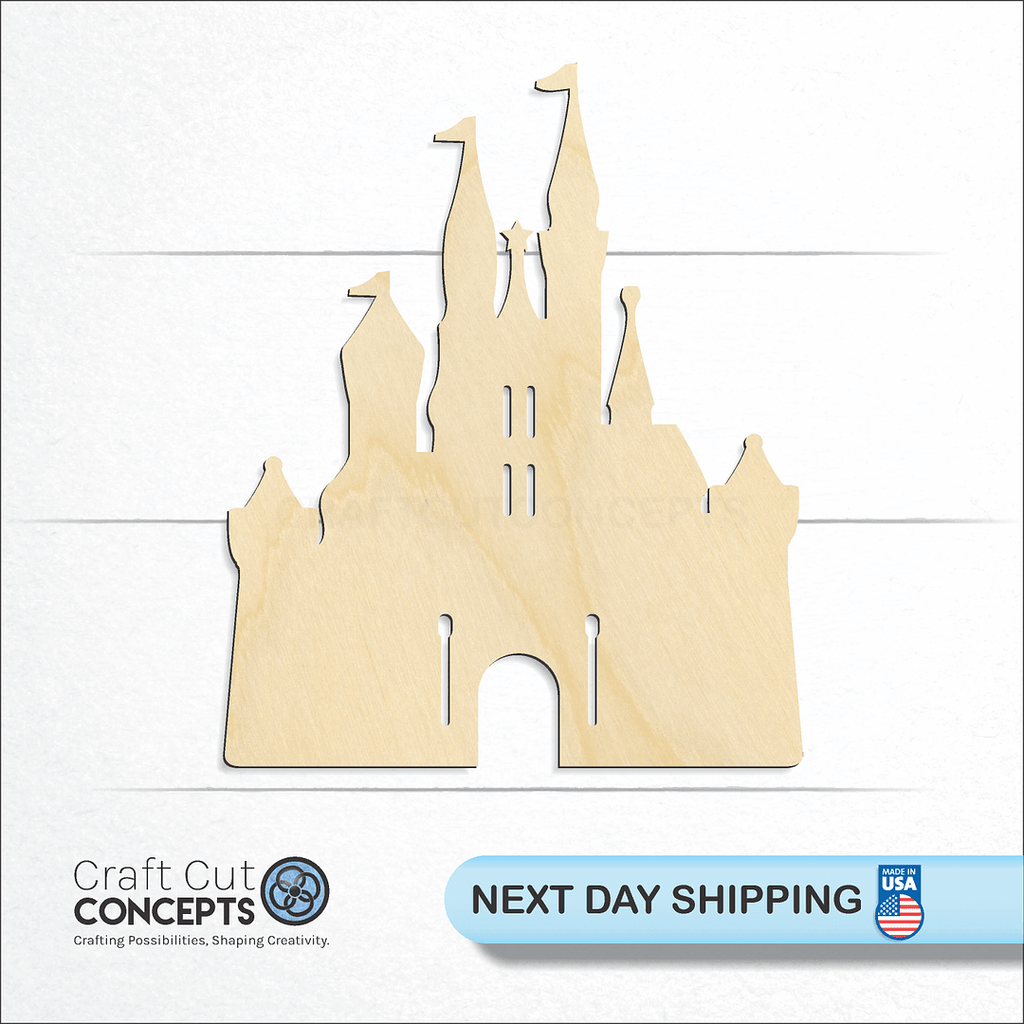 Craft Cut Concepts logo and next day shipping banner with an unfinished wood Castle craft shape and blank