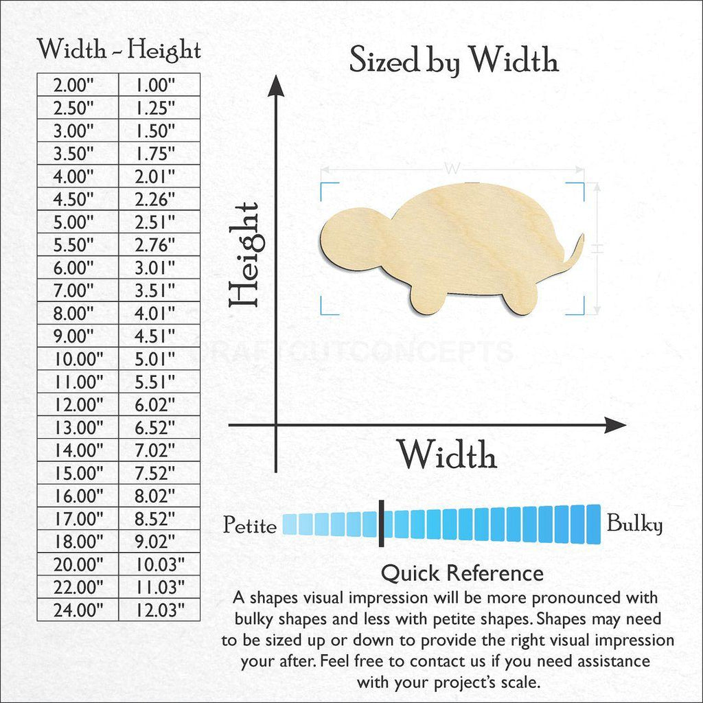 Sizes available for a laser cut Turtle -4 craft blank