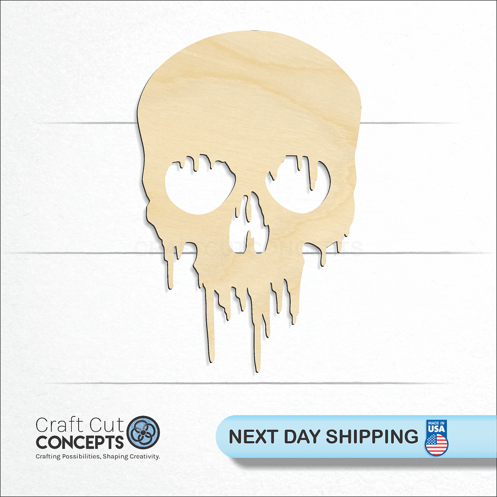 Craft Cut Concepts logo and next day shipping banner with an unfinished wood Dripping Skull craft shape and blank