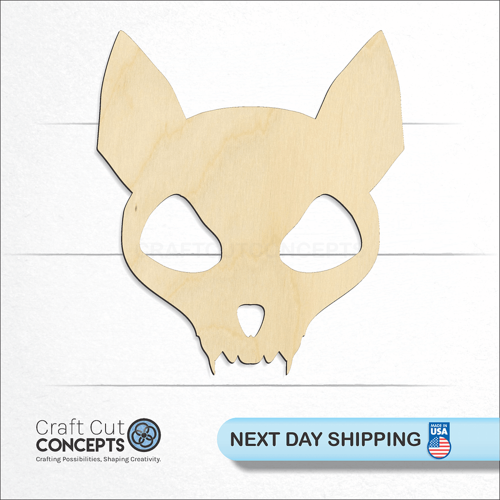 Craft Cut Concepts logo and next day shipping banner with an unfinished wood Cat Skull craft shape and blank