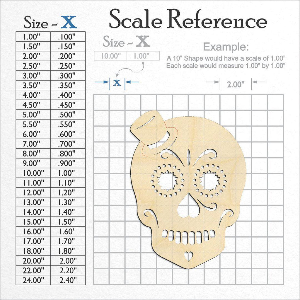 A scale and graph image showing a wood Male Sugar Skull craft blank