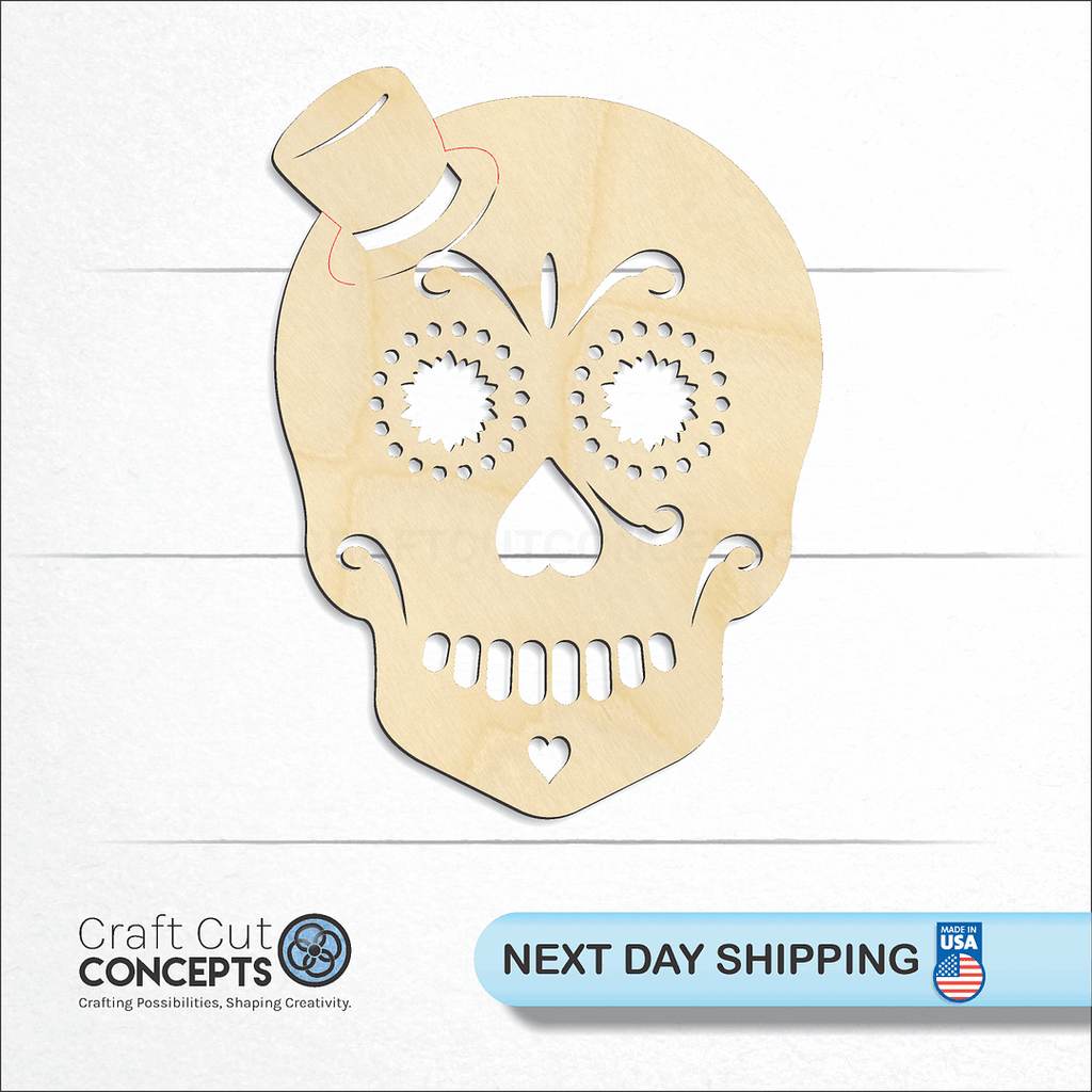 Craft Cut Concepts logo and next day shipping banner with an unfinished wood Male Sugar Skull craft shape and blank