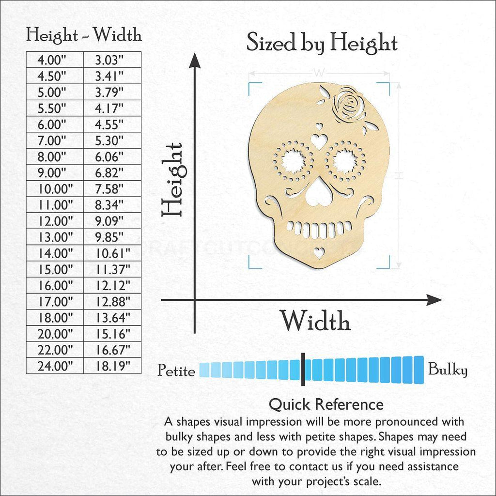 Sizes available for a laser cut Female Sugar Skull craft blank