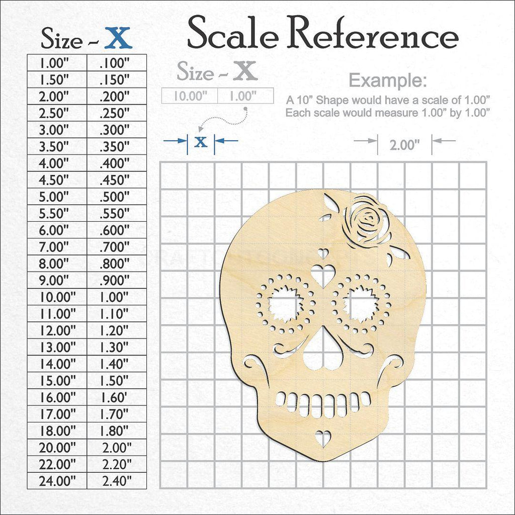 A scale and graph image showing a wood Female Sugar Skull craft blank