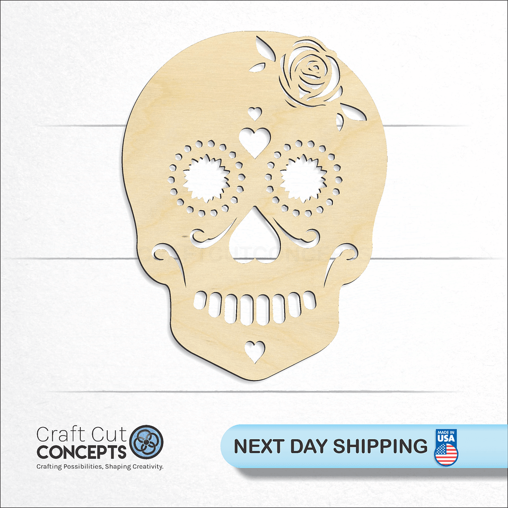 Craft Cut Concepts logo and next day shipping banner with an unfinished wood Female Sugar Skull craft shape and blank