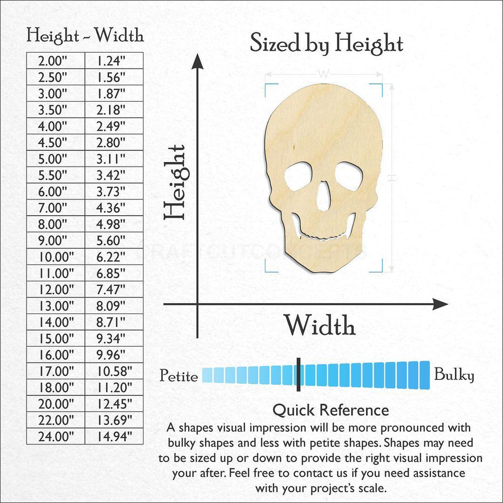 Sizes available for a laser cut Halloween Skull craft blank