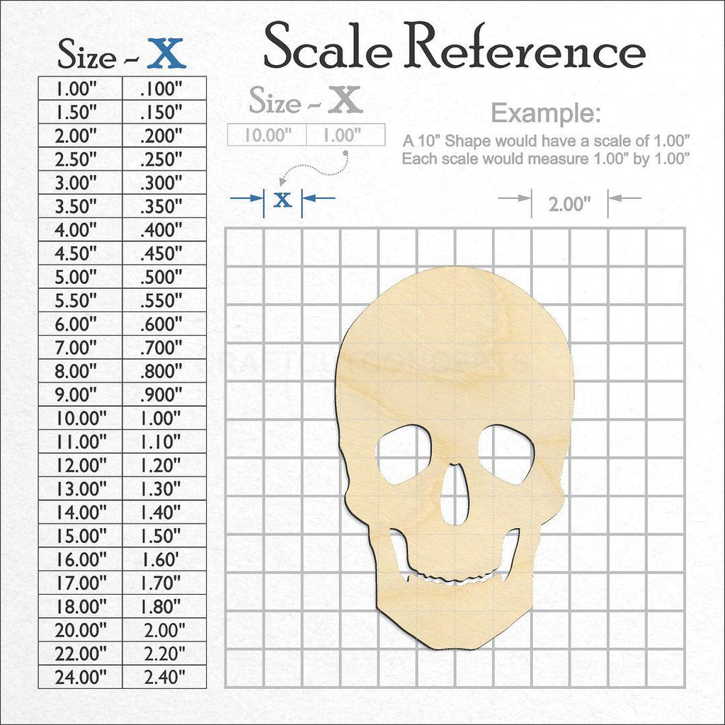 A scale and graph image showing a wood Halloween Skull craft blank