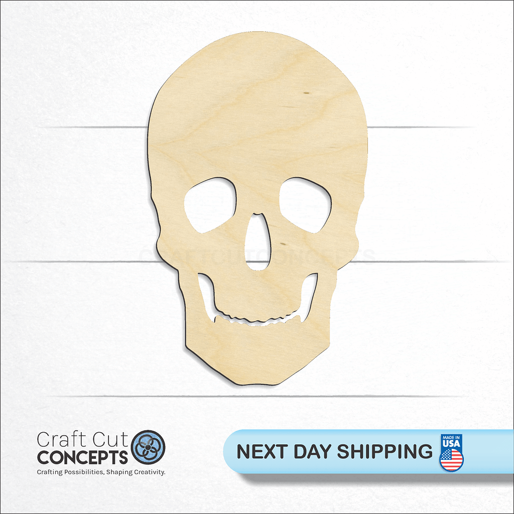 Craft Cut Concepts logo and next day shipping banner with an unfinished wood Halloween Skull craft shape and blank