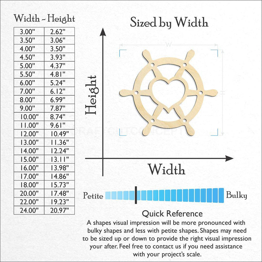 Sizes available for a laser cut Heart Ship Wheel craft blank