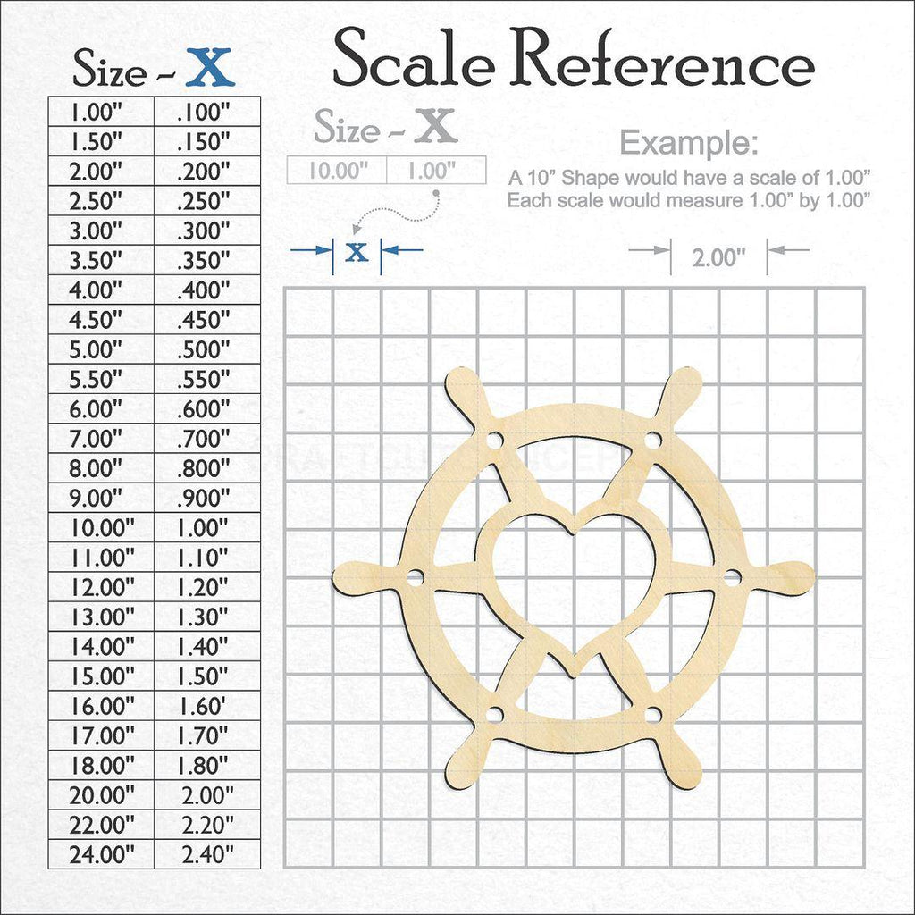 A scale and graph image showing a wood Heart Ship Wheel craft blank