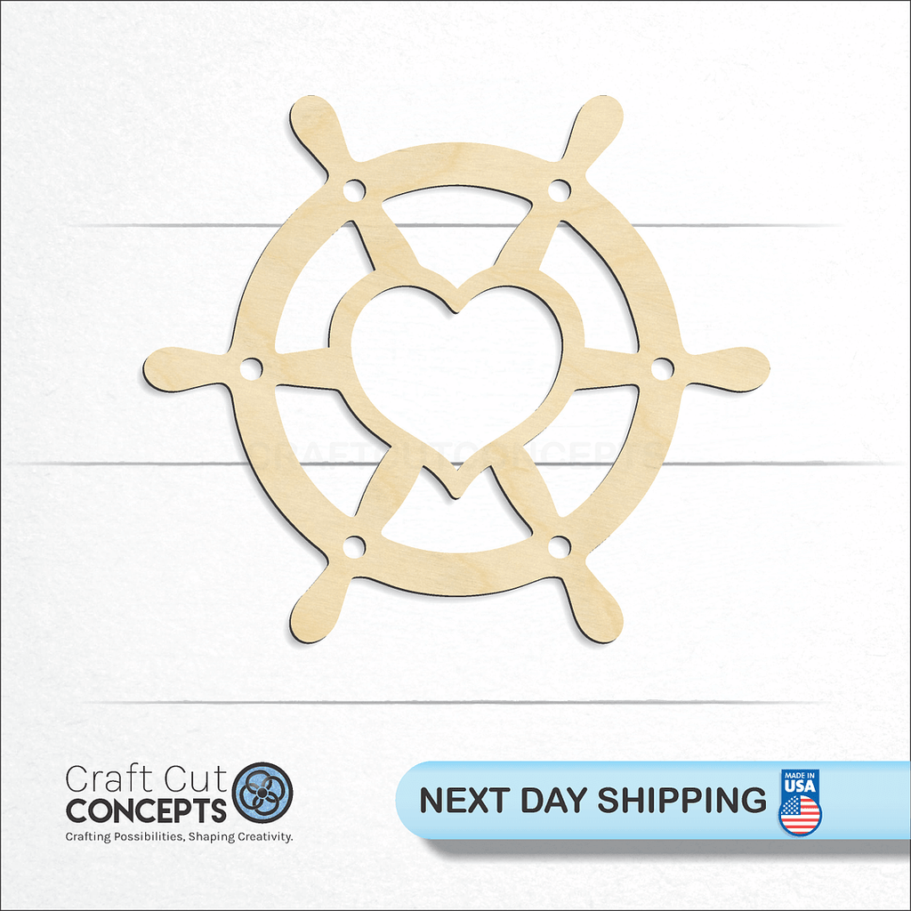 Craft Cut Concepts logo and next day shipping banner with an unfinished wood Heart Ship Wheel craft shape and blank