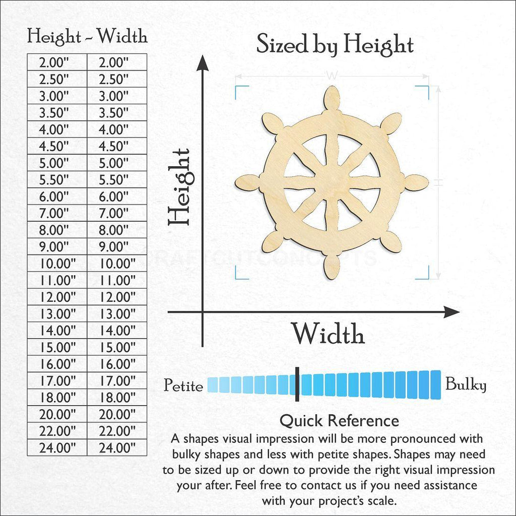 Sizes available for a laser cut Ship Wheel craft blank