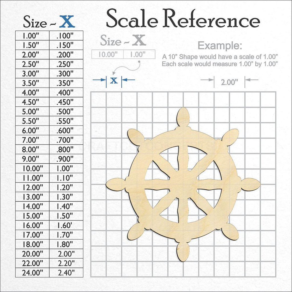 A scale and graph image showing a wood Ship Wheel craft blank