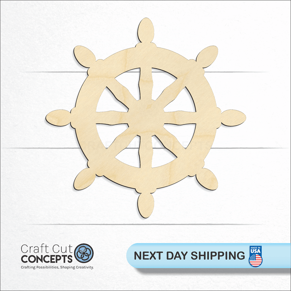 Craft Cut Concepts logo and next day shipping banner with an unfinished wood Ship Wheel craft shape and blank