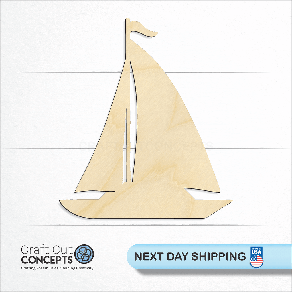 Craft Cut Concepts logo and next day shipping banner with an unfinished wood Sail Boat Ship craft shape and blank