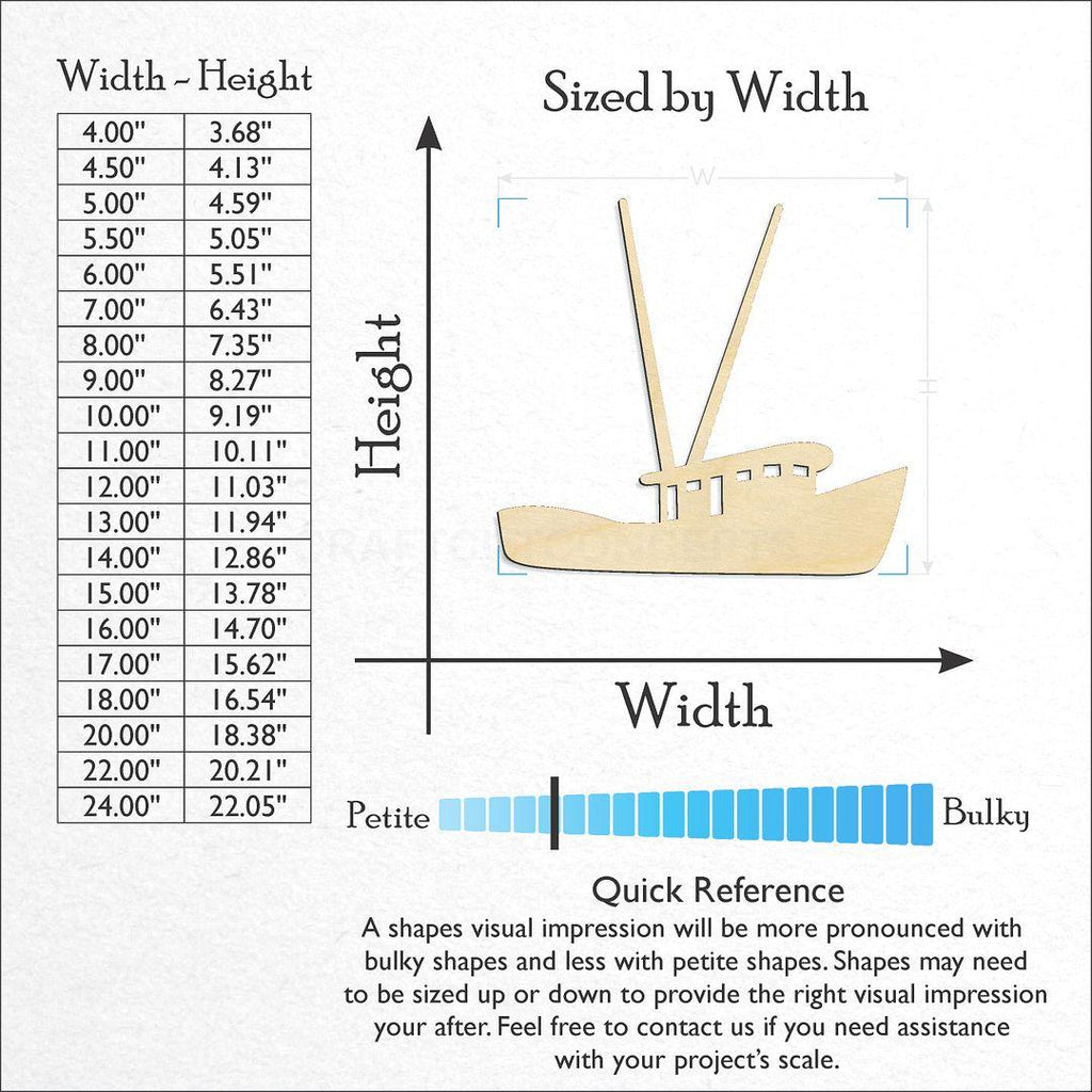 Sizes available for a laser cut Shrimp Boat craft blank