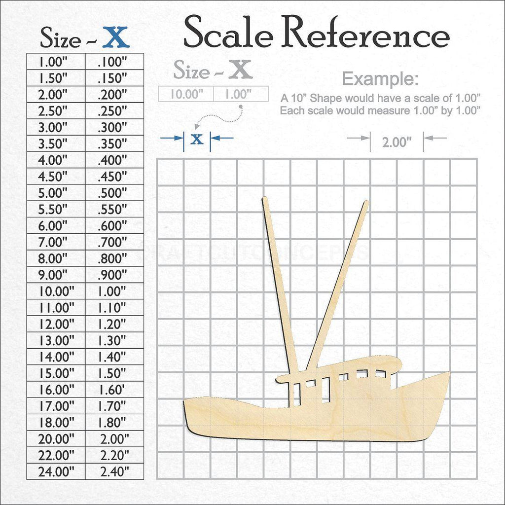 A scale and graph image showing a wood Shrimp Boat craft blank