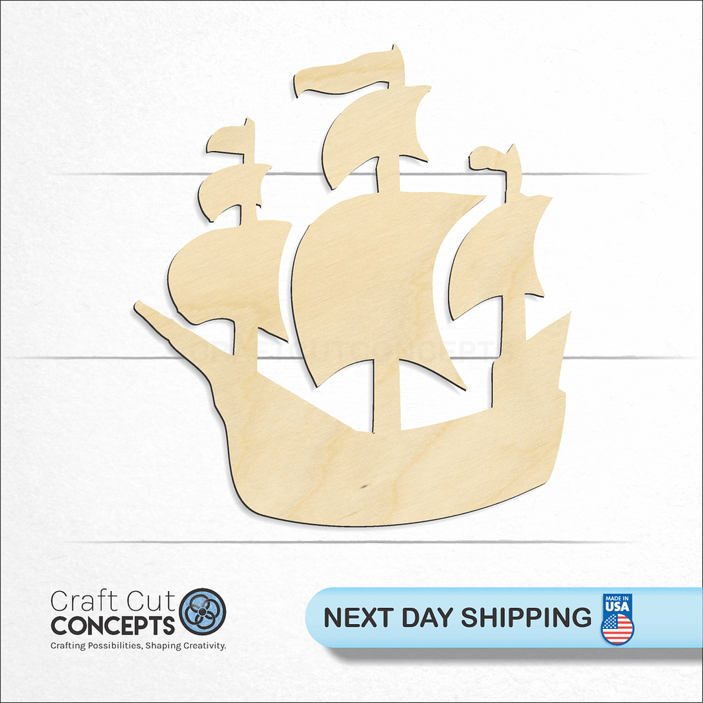 Craft Cut Concepts logo and next day shipping banner with an unfinished wood Ship craft shape and blank