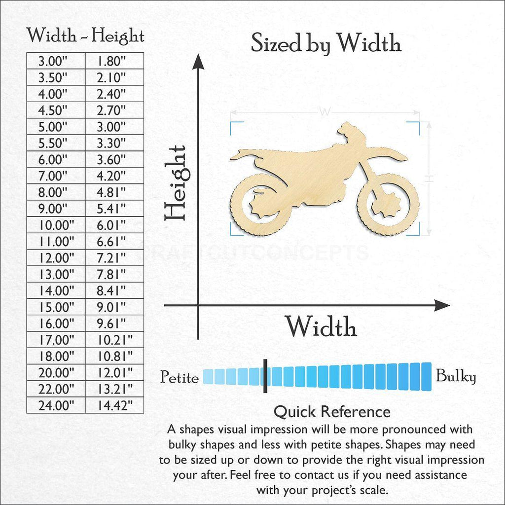 Sizes available for a laser cut Dirt Bike craft blank