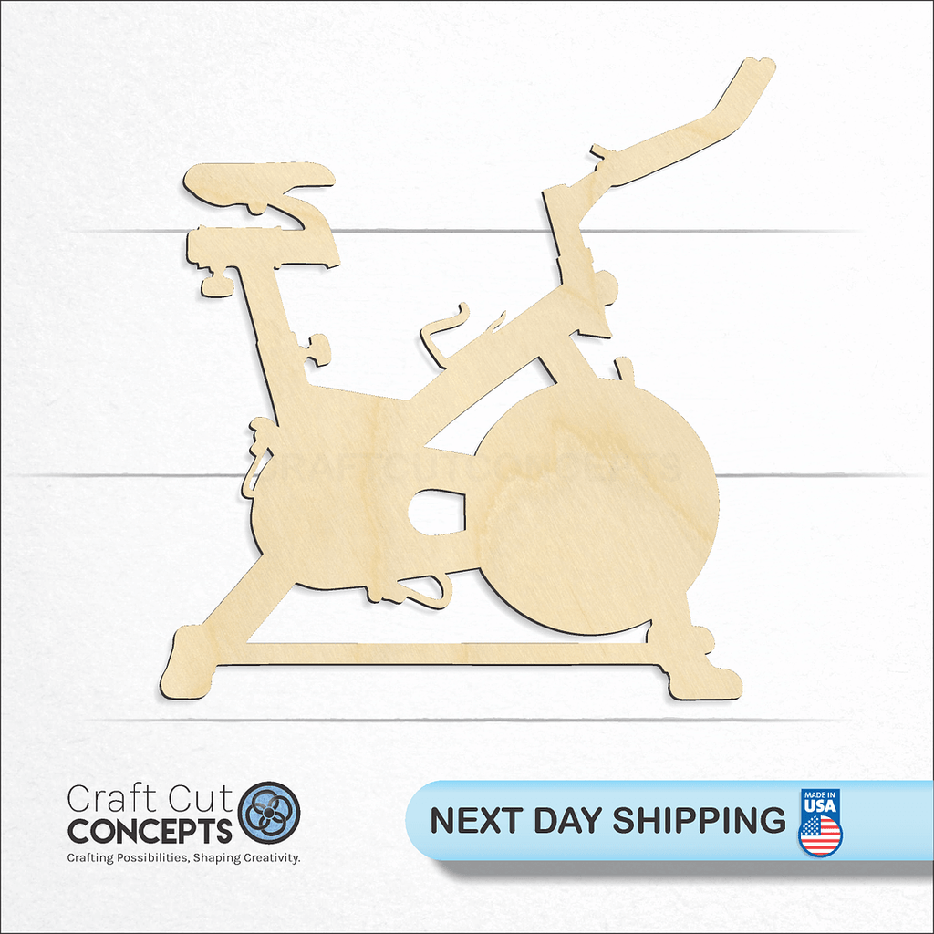 Craft Cut Concepts logo and next day shipping banner with an unfinished wood Exercise Bike craft shape and blank