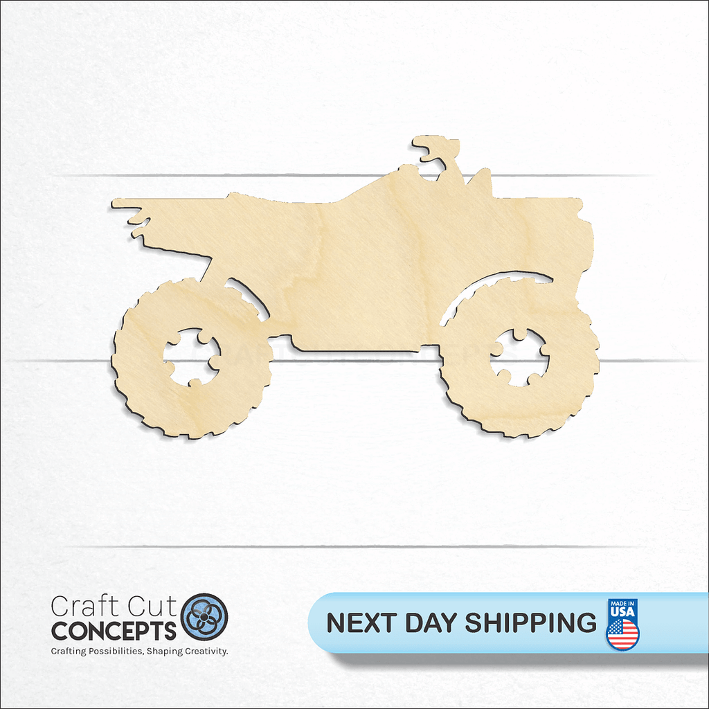 Craft Cut Concepts logo and next day shipping banner with an unfinished wood ATV craft shape and blank