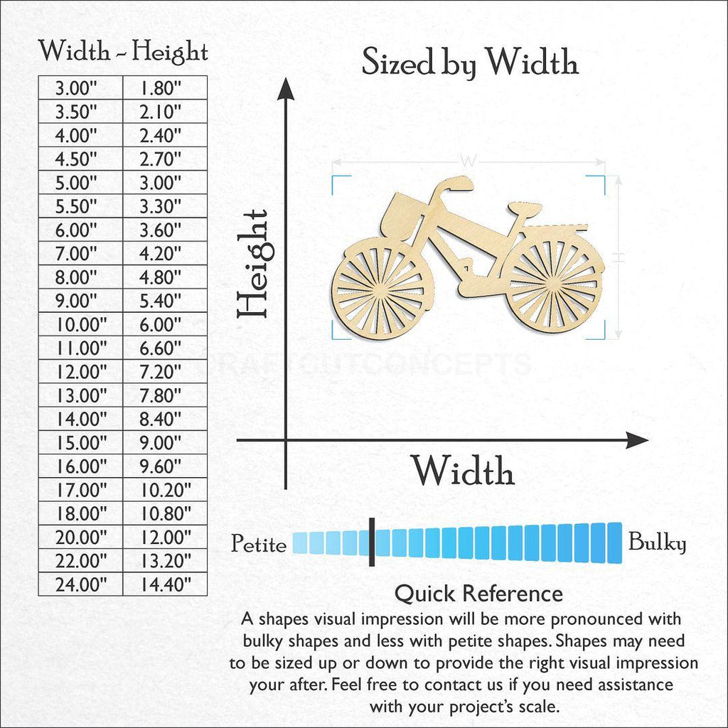 Sizes available for a laser cut Bike with Basket craft blank