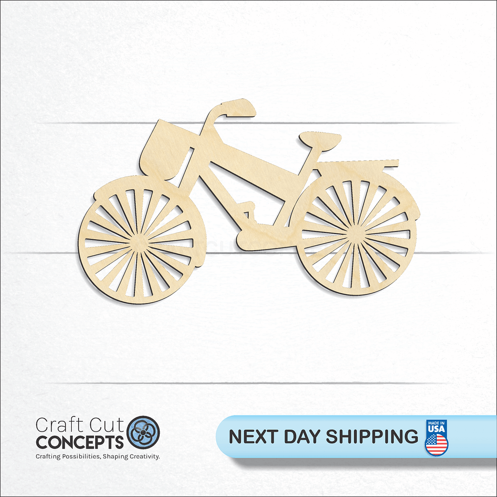 Craft Cut Concepts logo and next day shipping banner with an unfinished wood Bike with Basket craft shape and blank