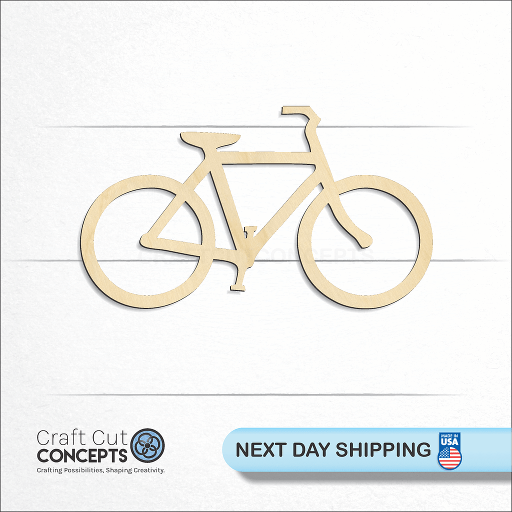 Craft Cut Concepts logo and next day shipping banner with an unfinished wood Bicycle craft shape and blank