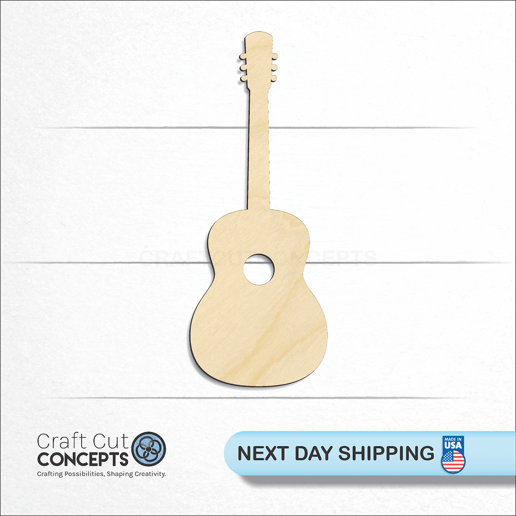 Craft Cut Concepts logo and next day shipping banner with an unfinished wood Acustic Guitar craft shape and blank