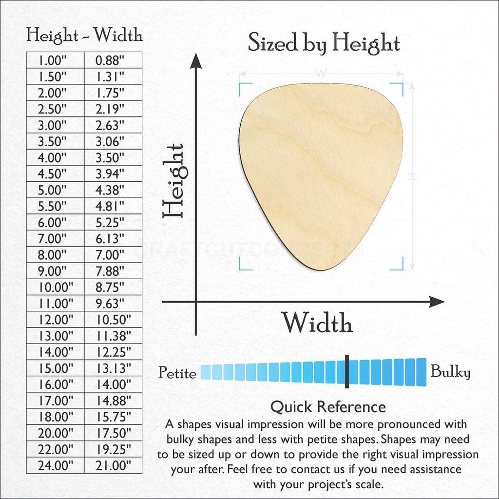 Sizes available for a laser cut Guitar Pick craft blank