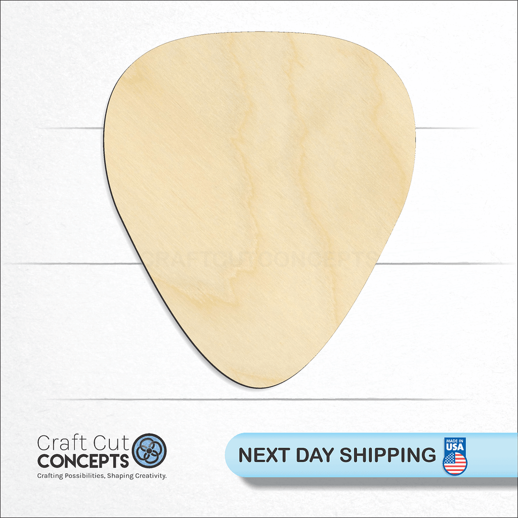 Craft Cut Concepts logo and next day shipping banner with an unfinished wood Guitar Pick craft shape and blank