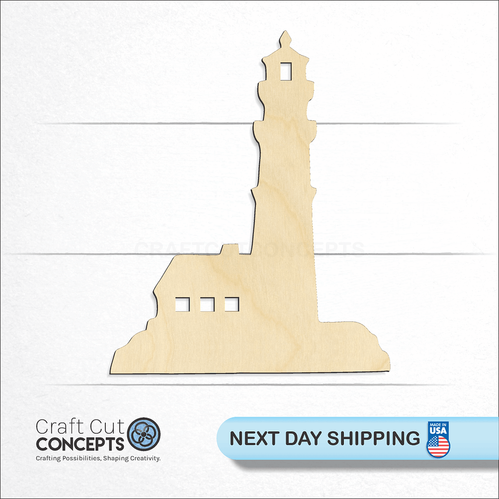 Craft Cut Concepts logo and next day shipping banner with an unfinished wood Light house craft shape and blank