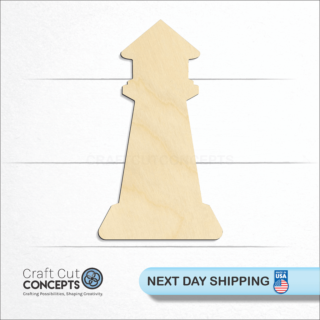 Craft Cut Concepts logo and next day shipping banner with an unfinished wood Light house craft shape and blank