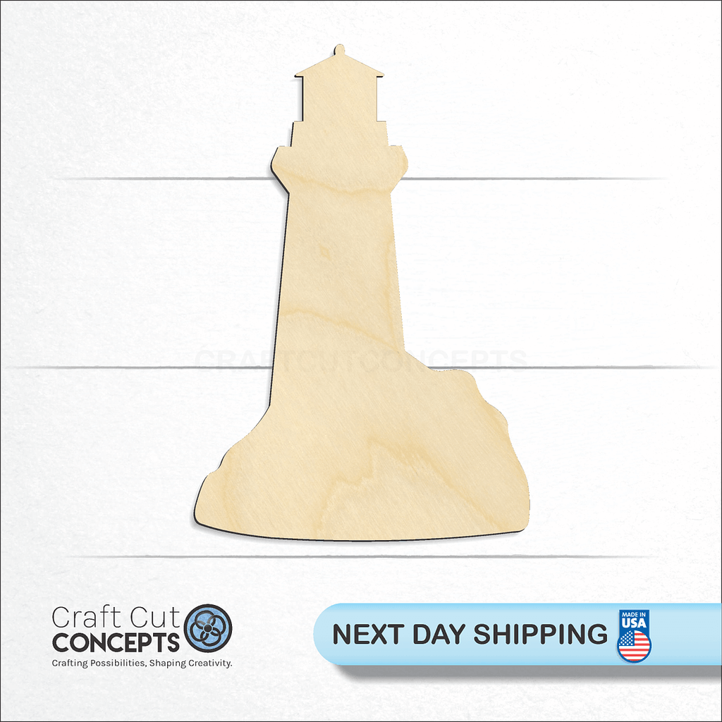 Craft Cut Concepts logo and next day shipping banner with an unfinished wood Light house craft shape and blank