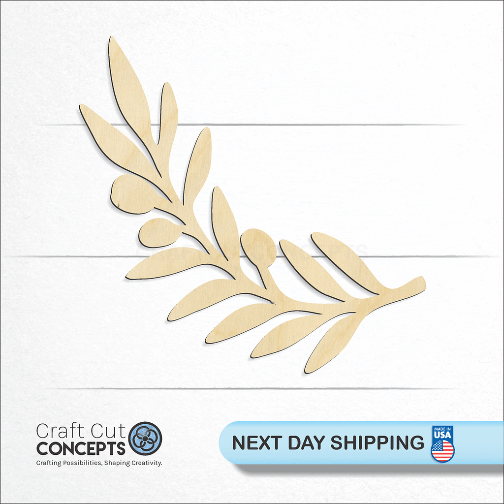 Craft Cut Concepts logo and next day shipping banner with an unfinished wood Olive Branch craft shape and blank