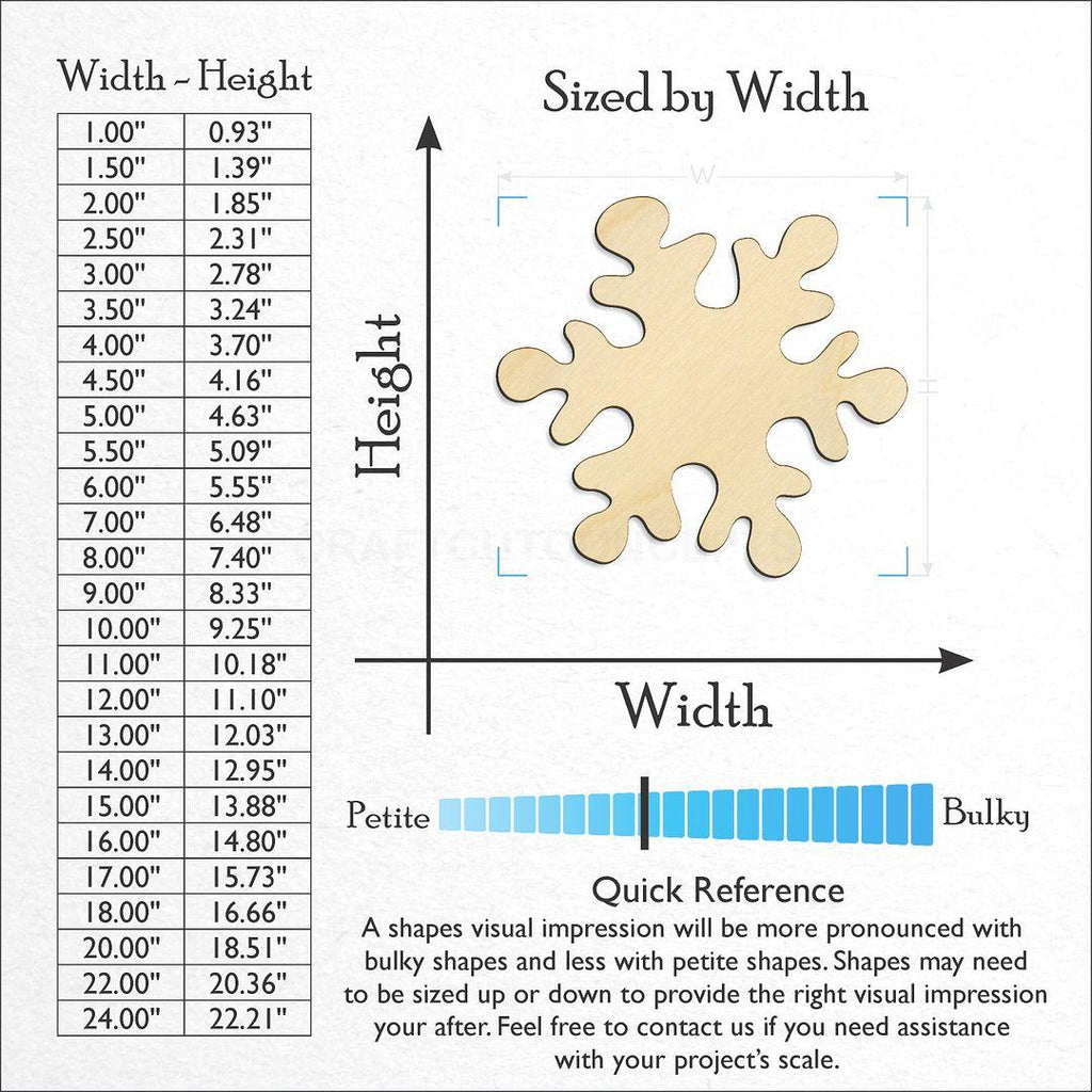 Sizes available for a laser cut Snowflake-2 craft blank