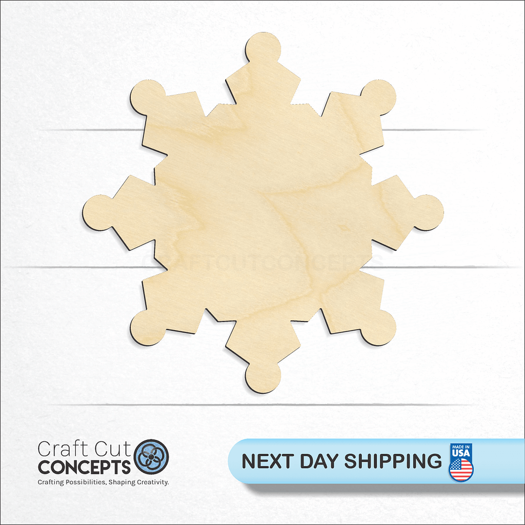 Craft Cut Concepts logo and next day shipping banner with an unfinished wood Snowflake-4 craft shape and blank