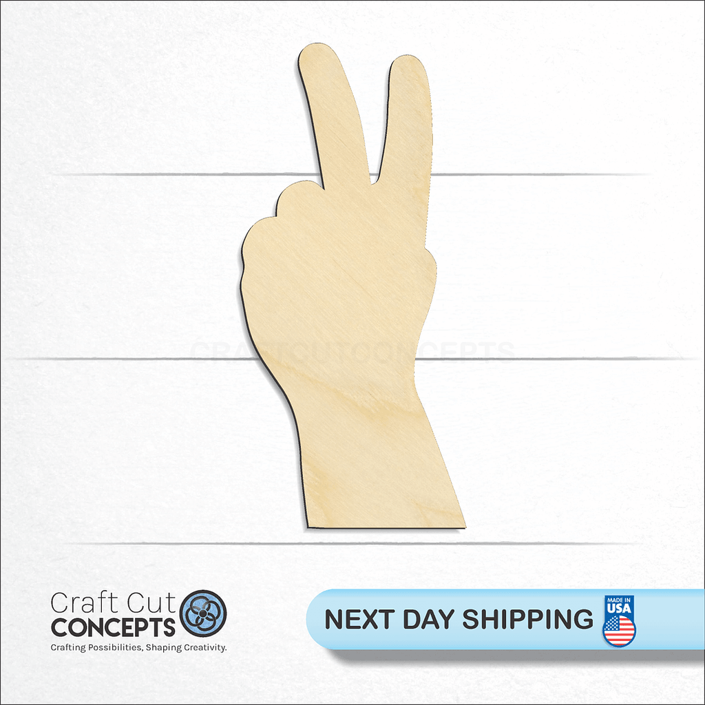 Craft Cut Concepts logo and next day shipping banner with an unfinished wood Hand Peace sign craft shape and blank