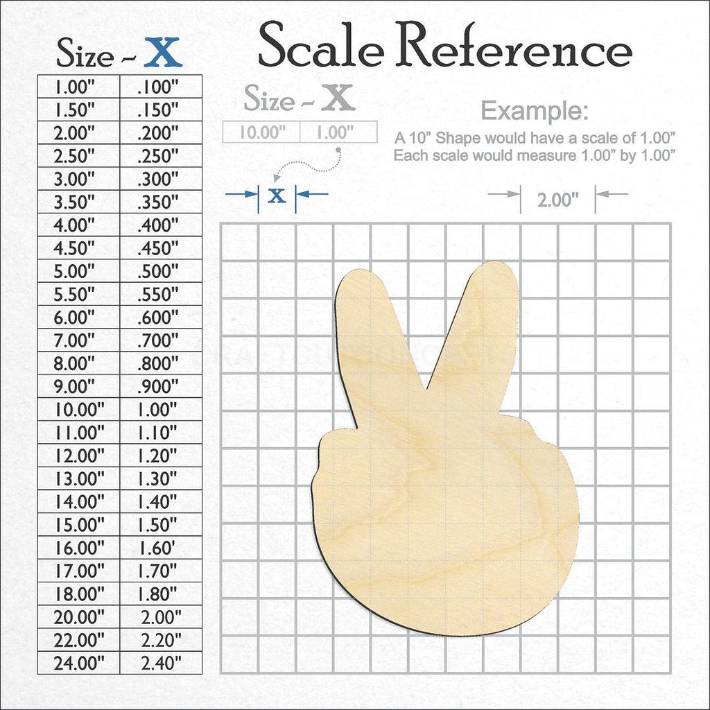 A scale and graph image showing a wood Hand Peace sign craft blank