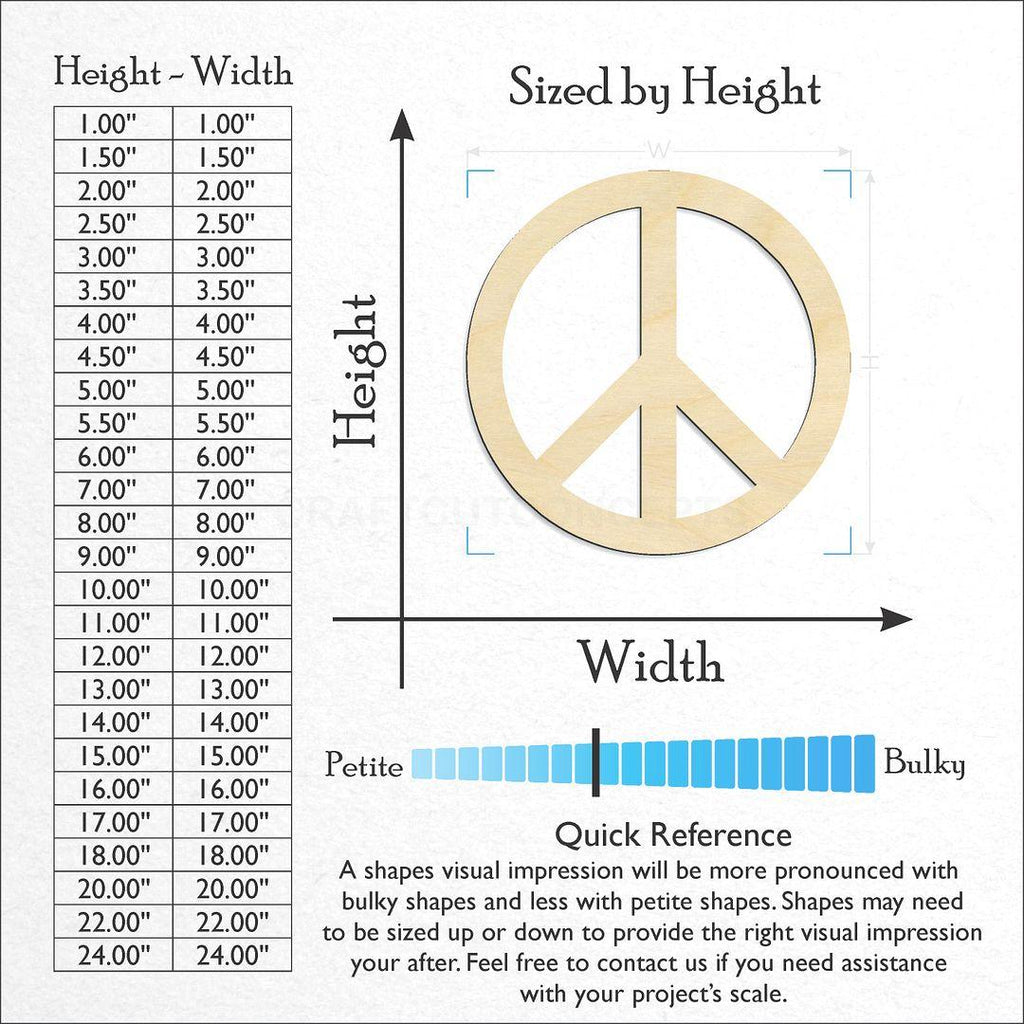 Sizes available for a laser cut Peace Symbol craft blank