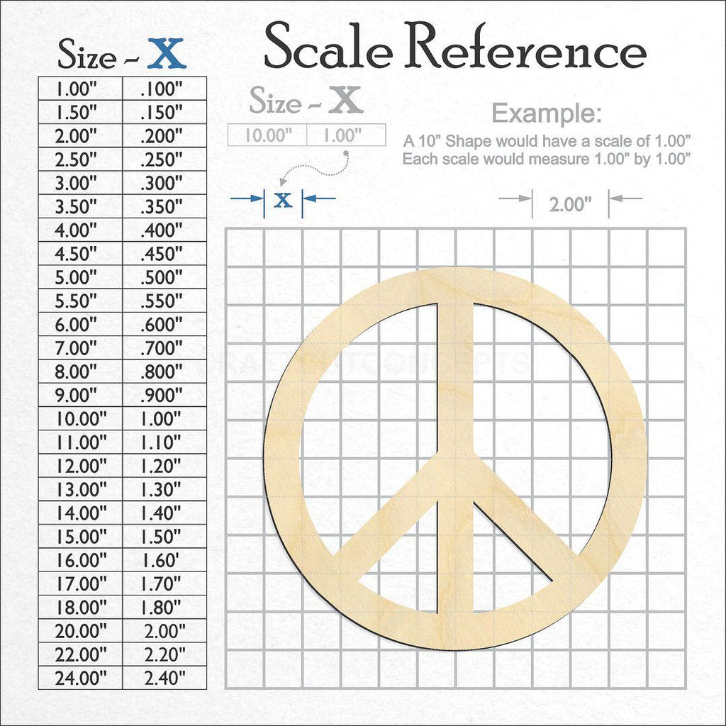 A scale and graph image showing a wood Peace Symbol craft blank