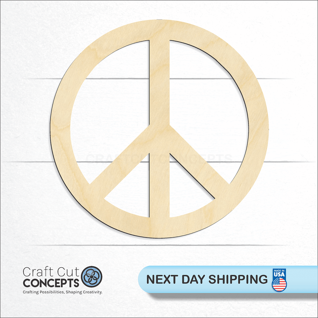 Craft Cut Concepts logo and next day shipping banner with an unfinished wood Peace Symbol craft shape and blank