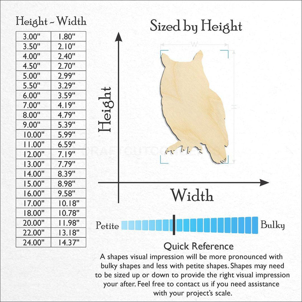 Sizes available for a laser cut Owl -2 craft blank