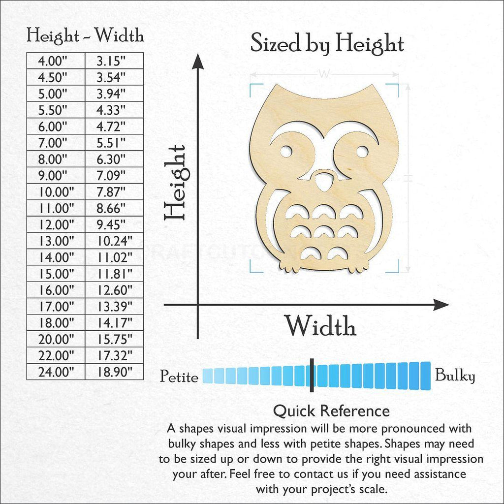 Sizes available for a laser cut Cute Owl craft blank