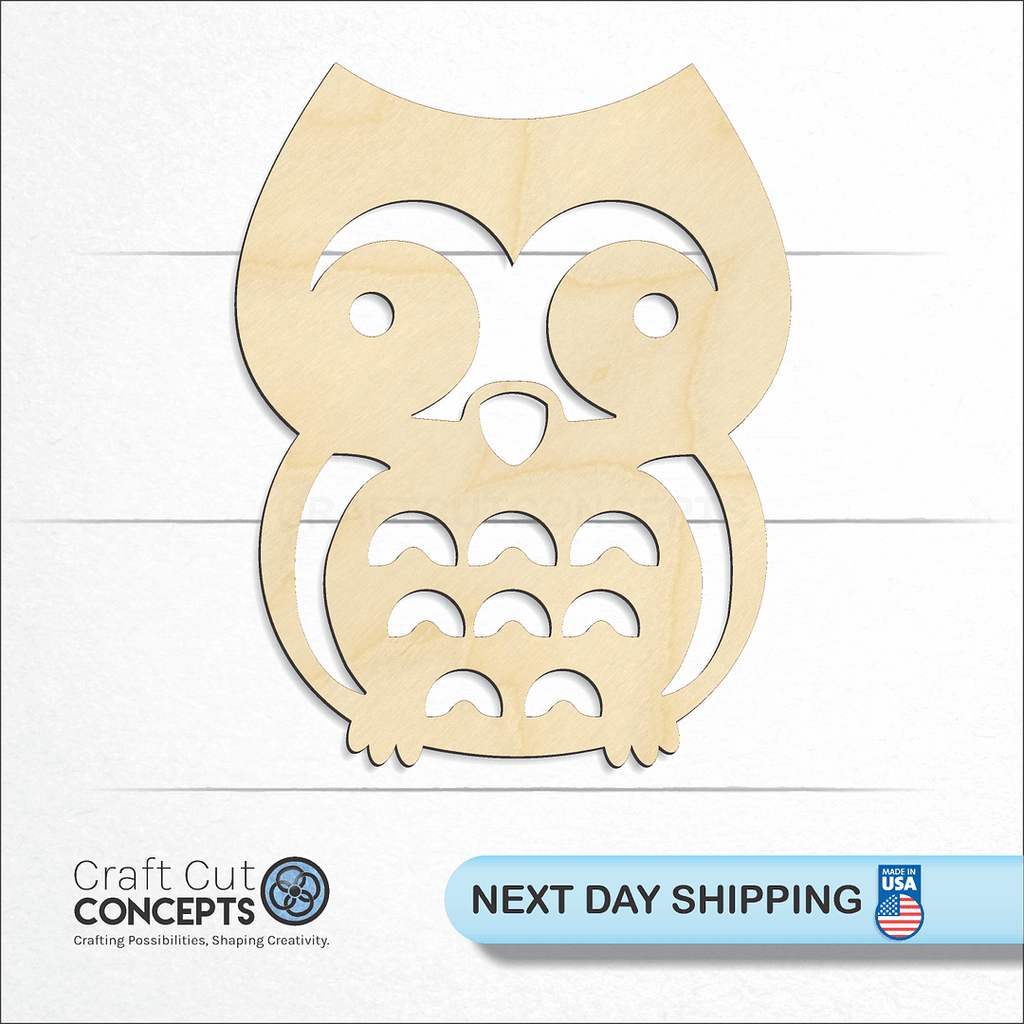 Craft Cut Concepts logo and next day shipping banner with an unfinished wood Cute Owl craft shape and blank